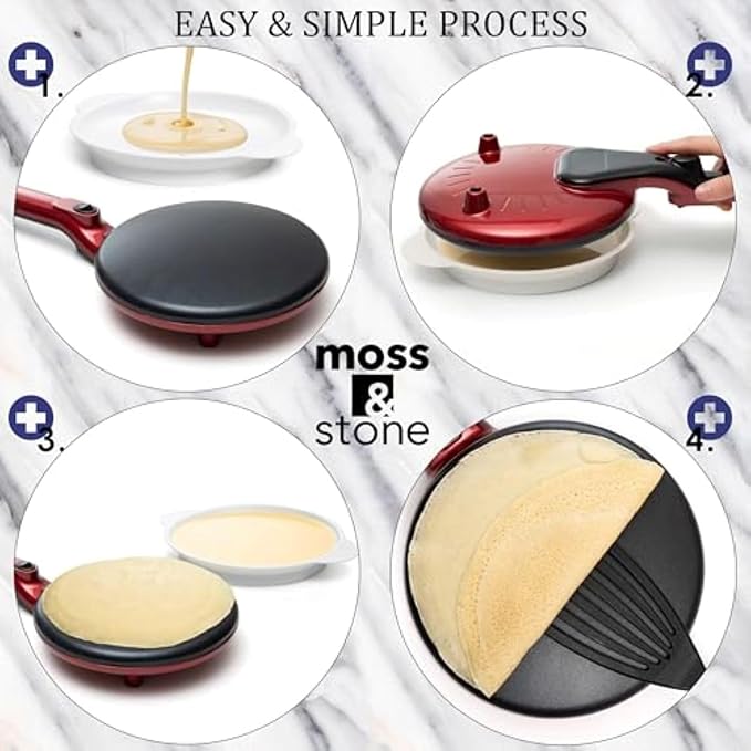 Moss & Stone Red Electric Crepe Maker, 8" Portable Nonstick Crepe Pan | Nonstick dipping plate, auto shut-off, on/off switch, even heating, dual temperature control, compact design