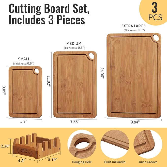 Bamboo Cutting Board Set for Kitchen, Charcuterie Board with Juice Grooves | 3-piece set with storage stand; pre-oiled; deep juice channels; Chopping Board for meat,cheese,vegetables