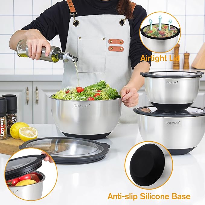 Mixing Bowls with Lids Set, Non Slip Silicone Bottom Stainless Steel Mixing Kitchen Bowls for Baking/Storage, Dishwasher Safe, 5/3/1.5QT | Non Slip Silicone Bottom, Dishwasher Safe, 5/3/1.5QT