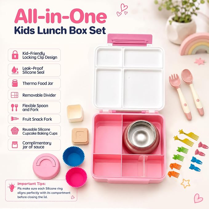 JSLOVE Bento Lunch Box with Leak Proof Thermos Food Jar for Kids, Food Lunch Containers for Girls with 4 Compartments, BPA-Free with Utensils, Food Picks, Sauce Jar & Silicone Lunch Box Dividers
