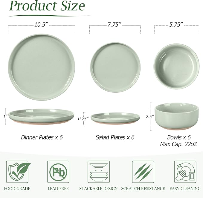 LIANYU Plates and Bowls Sets, 18 Piece Modern Speckled Dinnerware Set, China Dinnerware Dishes, Service for 6, Scratch Resistant & Dishwasher Safe, Fog Green