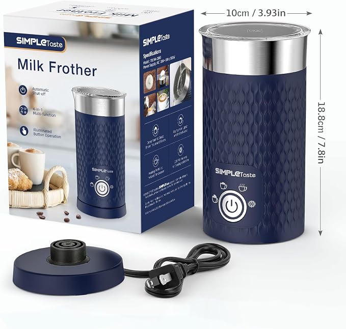 SIMPLETASTE Milk Frother, 4-in-1 Electric Automatic Milk Steamer, Blue | Warm and Cold Foam Maker and Milk Warmer for Latte, Macchiato, Cappuccino, Hot Chocolate