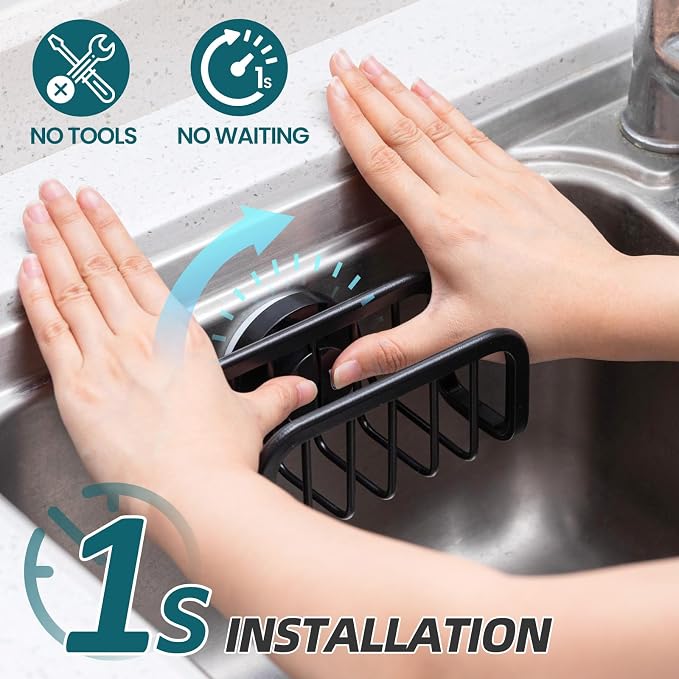 TAILI Black Sponge Holder for Kitchen Sink with Strong Suction Cup | Removable Sink Caddy for Kitchen Sink Oganizer, Rustproof Aluminum Sink Sponge Holder for Scraper Brushes, Stoppers