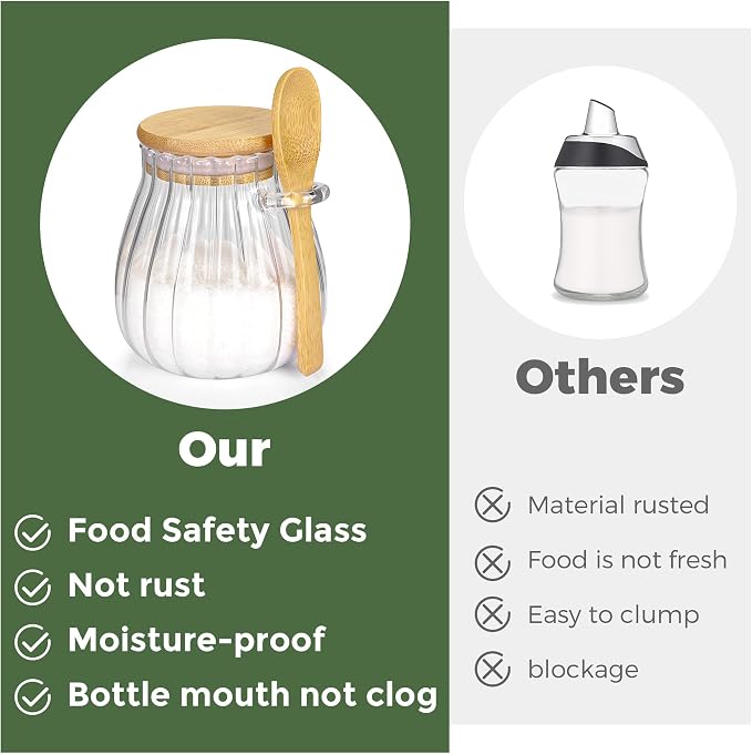 2 Pack Sugar Container with Bamboo Lid and Spoon,15oz Sugar Bowl Glass Jar | Coffee Bar Accessories Coffee Canister Kitchen Decor Housewarming Gift Christmas Refillable Design