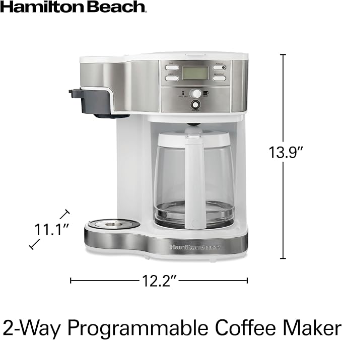 Hamilton Beach 2-Way Programmable Coffee Maker & Single Serve Coffee Maker | 12 Cup Glass Carafe | White with Stainless Steel Accents | 49933
