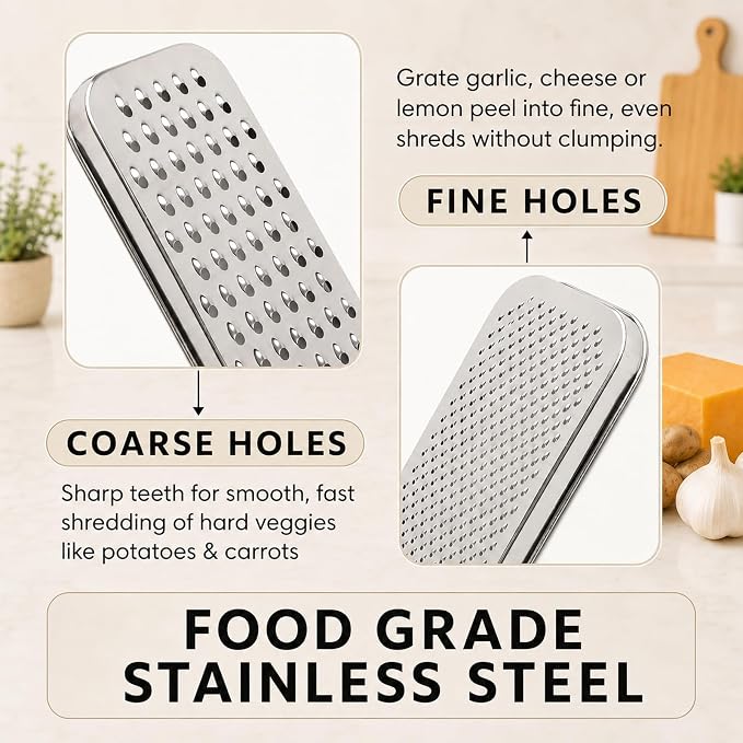 Cheese Grater with Storage Container, Box Grater Stainless Steel for Vegetables, Cheese Shredder 2 Sharp Blades for Fine & Coarse, Non-Slip Base, Lemon Zester, Includes Cleaning Brush(Red)