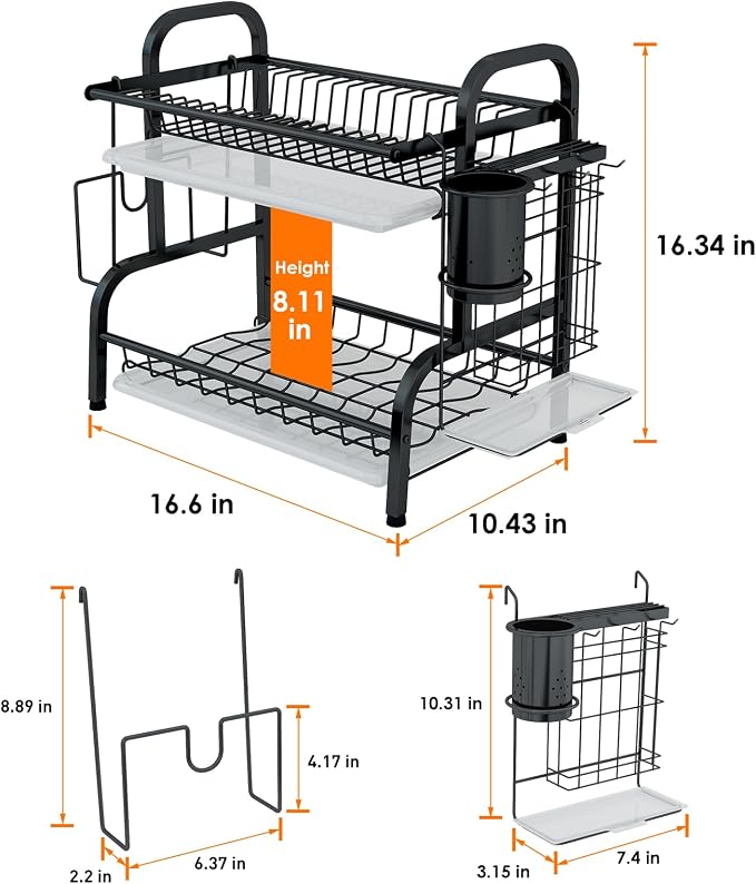 2-Tier Stainless Steel Dish Drying Rack with Drainboard,Black | Small Kitchen counter Space Saver,rustproof stainless steel, 3 detachable drainboards, cutlery holder, tool-free assembly