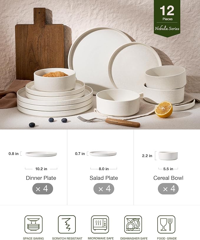 Famiware Nebula 12-Piece Dinnerware Set, Matte Beige White | Stoneware Plates and Bowls, Handmade Reactive Glaze, Microwave & Dishwasher Safe, Chip & Scratch Resistant