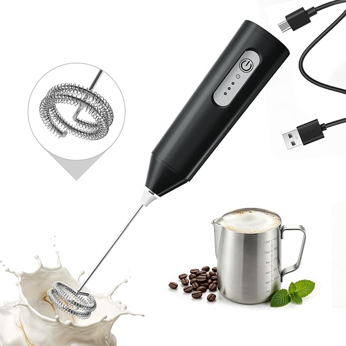 Puraville Rechargeable Electric Milk Frother Handheld, Black | 3 Speeds Electric Whisk Drink Mixer, Type-C Charging BPA Free for Coffee, Latte, Cappuccino, Egg,Cream