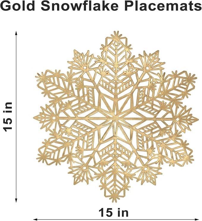 ADRIMER Snowflake Placemats Set of 12, Gold Vinyl Table Mats 15 Inch | Easy to Clean Placemat, Heat Resistant Hollow Wipeable Table Placemats for Thanksgiving Christmas Wedding Holiday Decor