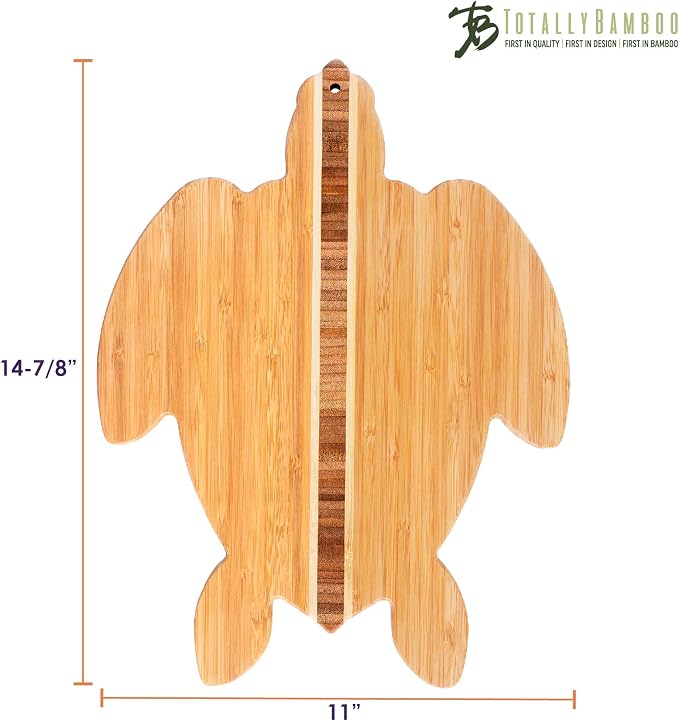 Totally Bamboo Sea Turtle Shaped Cutting Board and Charcuterie Board | Makes a splash when serving charcuterie and snacks. Slice, prep, and serve all on one board. Hangs as decor between uses.