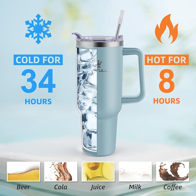 Soufull 40 oz Tumbler with Handle and Straw Lid, 100% Leak-proof, SkyBlue | Stainless Steel Insulated Travel Coffee Cup, Keeps Cold 34Hrs or Hot 10Hrs, Dishwasher Safe
