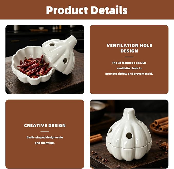 Ceramic Garlic Keeper with Vent Lid, White with Press and Peeler Clip | 4.92 by 5.04 inch holder with vent holes, novelty shape, keeps garlic fresh, fits kitchen countertop