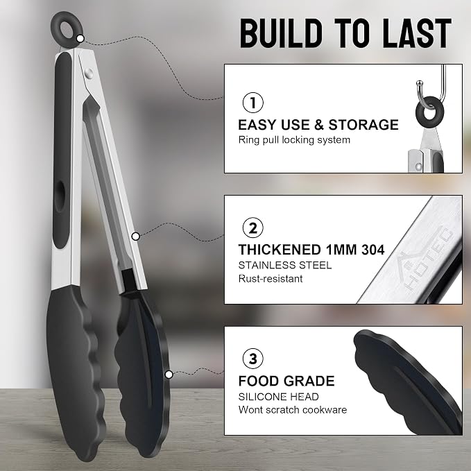 HOTEC Premium Stainless Steel Locking Kitchen Tongs with Silicon Tips, Set of 2-9" and 12"