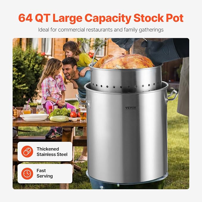 VEVOR Stainless Steel Stockpot, 64 Quart Large Cooking Pots, Cookware Sauce Pot with Basket, Lid, and Handle, Heavy Duty Commercial Grade Stock Pot, Sanding Treatment, for Large Groups Events Silver