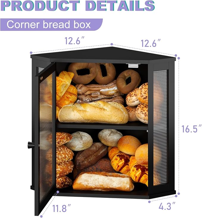 Corner Bread box for Kitchen Countertop,Farmhouse Bread Box with Acrylic Wavy Door Panel,Large Bread box for kitchen countertop, Food Storage Container (Black, Extra Large)