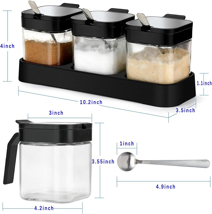 Mlici 3 Pack Condiment Jars, Spice Containers with Lids and Spoons, Black | 8.6oz Capacity, Clear Glass Seasoning Condiment Pots, Salt Sugar Bowl Container Set for Counter Organizer, Housewarming Gift