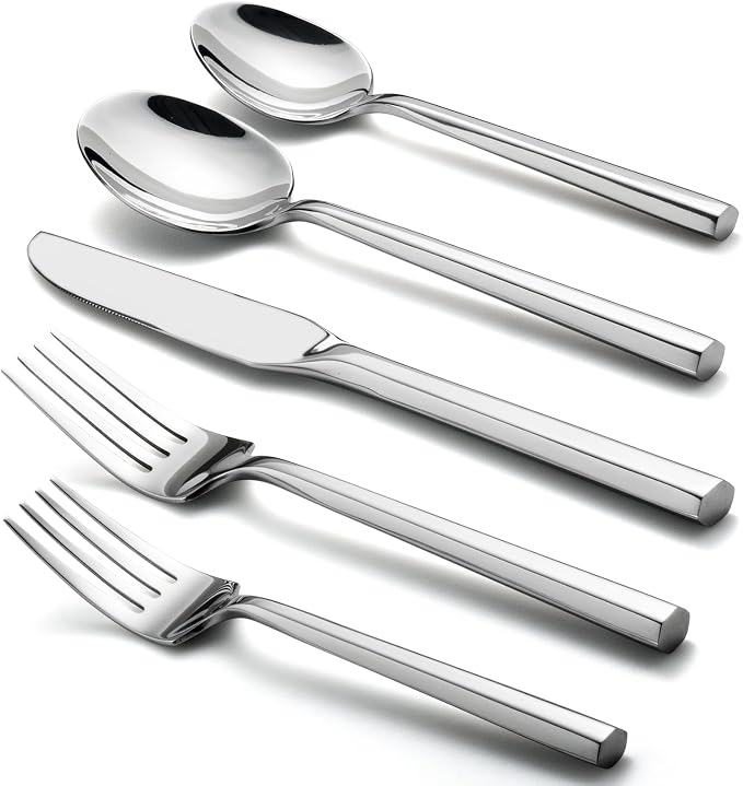Alata Hexagon 20-Piece Forged Silverware Set Stainless Steel Flatware Set Cutlery Set,Service for 4,Mirror Finish,Dishwasher Safe
