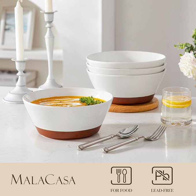 MALACASA Salad Bowls Set of 4, Soup Bowls for Kitchen, 60oz Ceramic Bowl | Large Deep Bowls for Ramen, Cereal, Fruit, Pho and Pasta, Microwave & Dishwasher Safe, Speckled, White & Brown, Series TARA