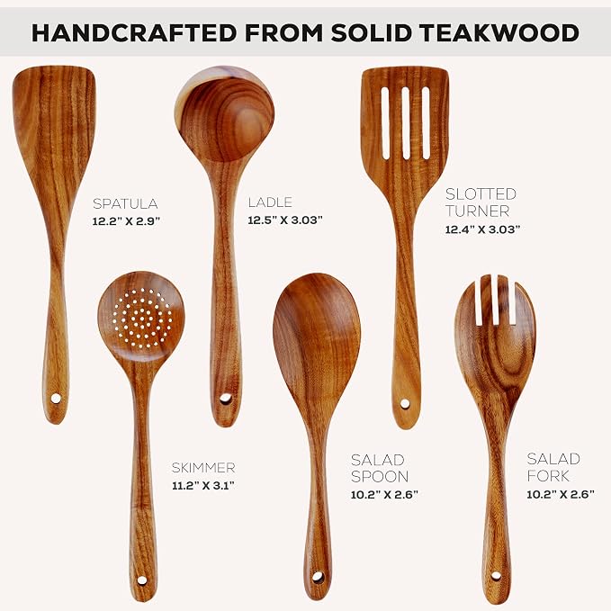 Zulay Kitchen Extra-Large 6-Piece Wooden Spoon Set - Smooth Teak Cooking Utensils - Comfort-Grip Non-Stick Turner, Spatula, Skimmer, Fork, Serving Spoon