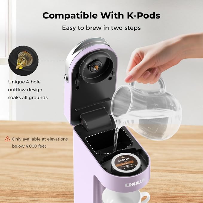 CHULUX Compact Single Serve Coffee Maker Brewer for K Cup Pod, Light Violet | Fast-Heating Boiler System, 4-Hole Needle for Richer Flavor, Adjustable Drip Tray for 7.3" Travel Mug, Food Grade Material