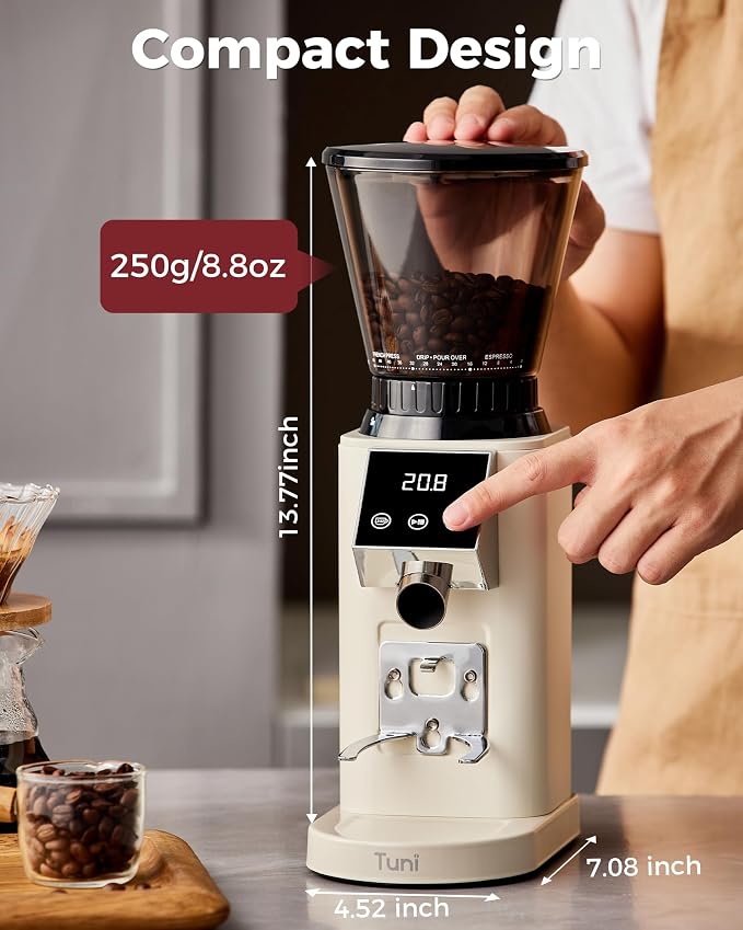 Tuni G1 Conical Burr Coffee Grinder, 48 Grind Settings, Ivory | Stainless Steel Anti-static Burr Mill, Precision Electric Timer and LED Touchscreen for Espresso/Drip/Cold Brew/French Press