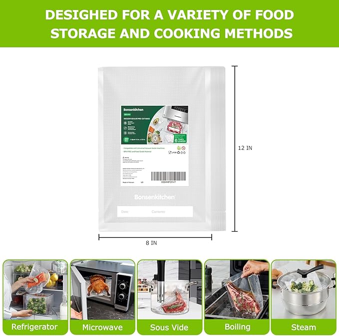 Bonsenkitchen Precut Vacuum Sealer Bags 100 Count, 8 in x 12 in Quart Size | Heavy Duty, BPA Free, Commercial Grade, Thick Embossed, Sous Vide, Freezer Safe, Universal Fit, VB3205