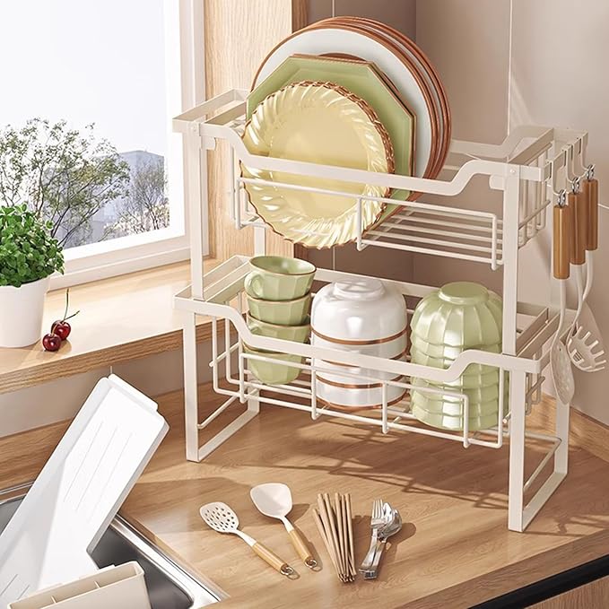 HABITLLO 2-Tier Dish Drying Rack with Drainboard, Large Capacity Dish Racks for Kitchen Counter Shelf with Utensil, Cups, Cutlery & Cutting Board (White)