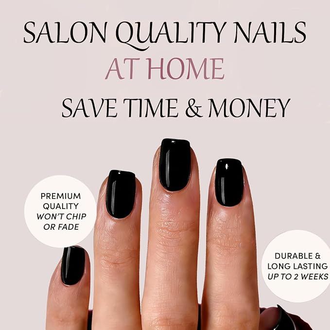 Press On Nails,Black,Short Square | 2+ Weeks Wear,Apply Protective UV coating,Short Square Fake Nails,Salon Quality Nails in 12 Sizes - 24 Nail Kit with Glue