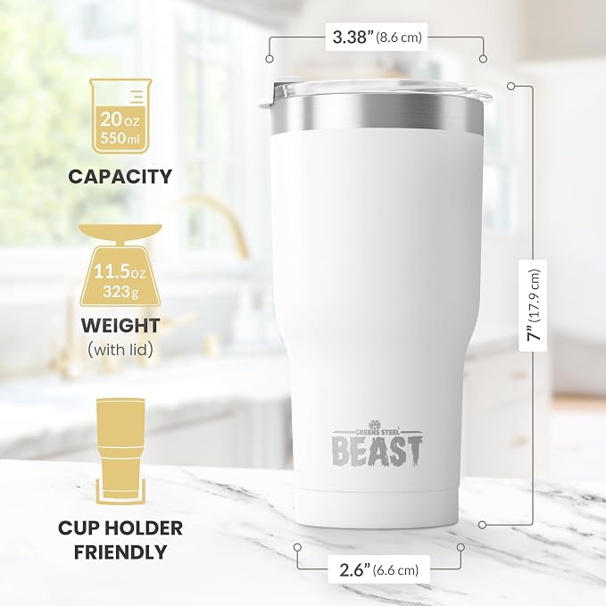 BEAST Insulated Coffee Mug – 900 ml I Arctic White I Stainless Steel I Reusable, Insulated Cups I 2 Straws and Cleaning Brush, Double Walled Travel Coffee Thermos I Hot or Iced Coffee