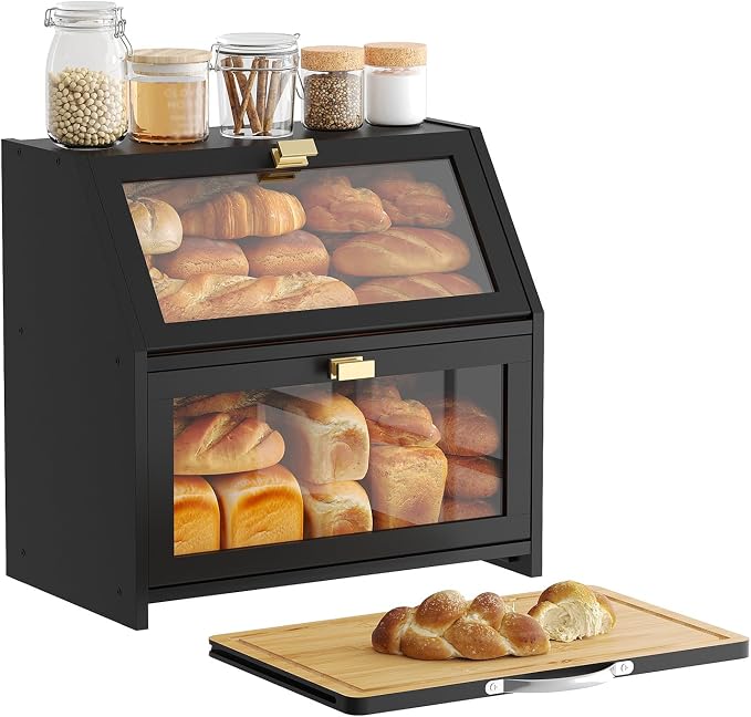 BMOSU Bread Box with Cutting Board for Kitchen Countertop Corner Bread box Double Layer Bamboo Extra Large Capacity Bin Kitchen Food Storage Container (Black)