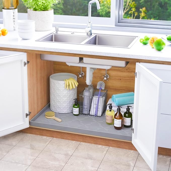 Waterproof Under Sink Mat 31" x 22" Kitchen Cabinet Liner Silicone | BPA-Free Silicone Mat with Raised Lip Protects Cabinets from Leaks, Versatile Home Organizer for Bathroom, Pets, Boots, Floor