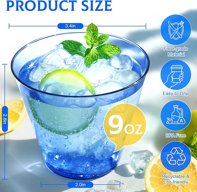 Glowserve 9 OZ Royal Blue Disposable Plastic Cups Cocktail Cup 50 Pack | Fancy Cocktail Cup,Stemless Wine Glass,Wedding Wine Glasses,Graduation Birthday,World Cup,Party Essentials