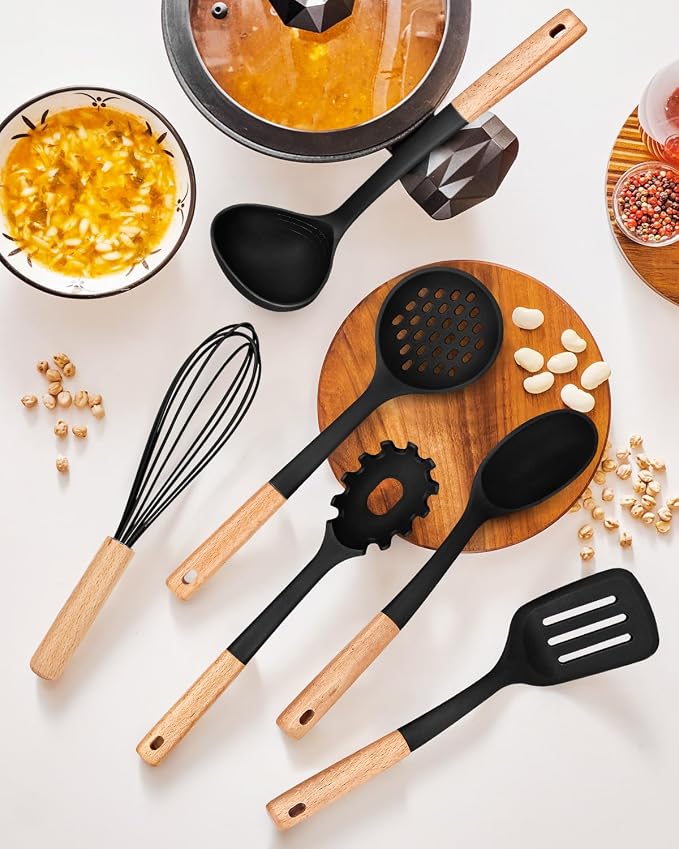 13PCS Silicone Kitchen Utensils Set for Nonstick Cookware, Black | Food Grade, Heat Resistant Kitchen Utensil Spatula Set, Wooden Handles Kitchen Gadgets Tools Set