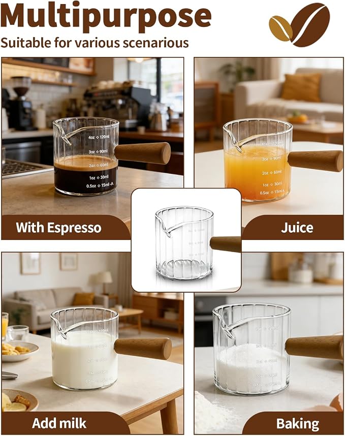 Espresso Measuring Cup 4 Oz, Espresso Glass Cups with Wood Handle, Milk Frothing Cup, Espresso Cup for Coffee, Milk, Tea or Maple Syrup Serving (Transparent, 4 oz)