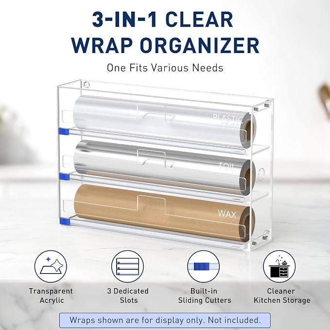 3 In 1 Acrylic Aluminum Foil, Plastic Wrap Organizer with Cutter | Clear Kitchen Storage for Wax Paper Dispenser Holder, For Drawer or Wall Mount, Fits 12 Inch Roll