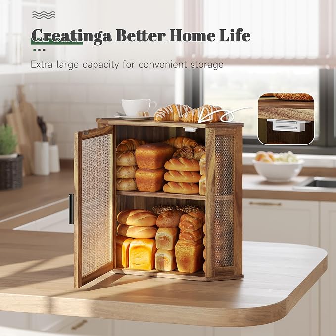 STDDRE Corner Bread Box for Kitchen Countertop 2-Tier Acacia Wood Kitchen Countertop Bread Storage Large Capacity Farmhouse Bread Box with Window Bread Holder Corner Food Organizer (Extra Large)