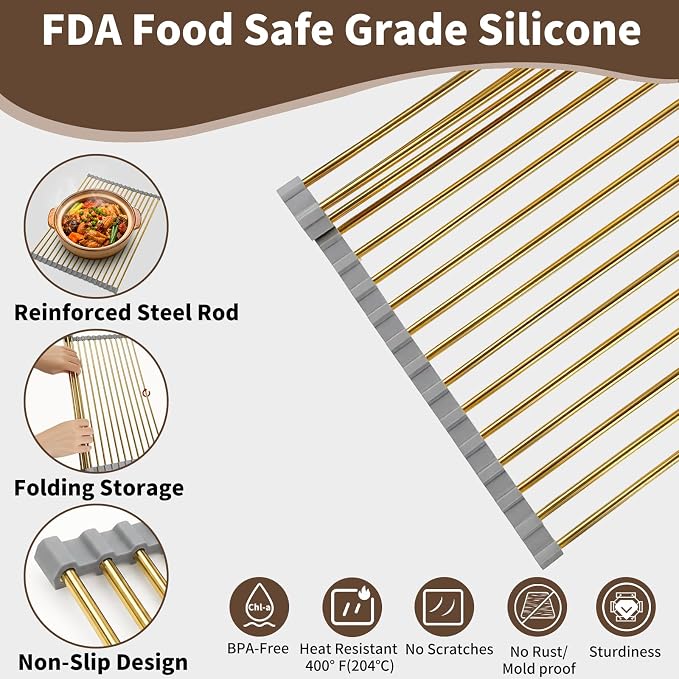 Golden Roll Up Dish Drying Rack, Stainless Steel Dish Drainer Over The Sink for Kitchen Sink Counter Storage, Applicable for Sink Width Less Than 17in (18.5'' x 13.9'')