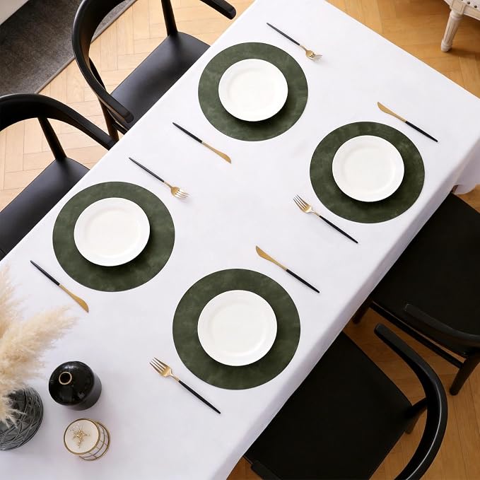 MOSAYT 13 Inch Round Vinyl Placemats Set of 6 - Faux Leather 100% Waterproof Oil-Proof Wipeable PU Place Mats, Heat Resistant Reversible Table Mats for Kitchen, Dining, Outdoor, Olive Green
