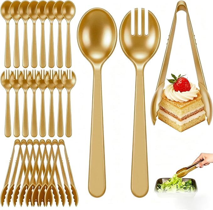 24 Pcs Gold Plastic Serving Utensils Set - Heavy Duty Disposable Serving Spoons, Forks & Tongs (8 of Each) - BPA-Free Catering Supplies for Buffets, Parties, Weddings & Events