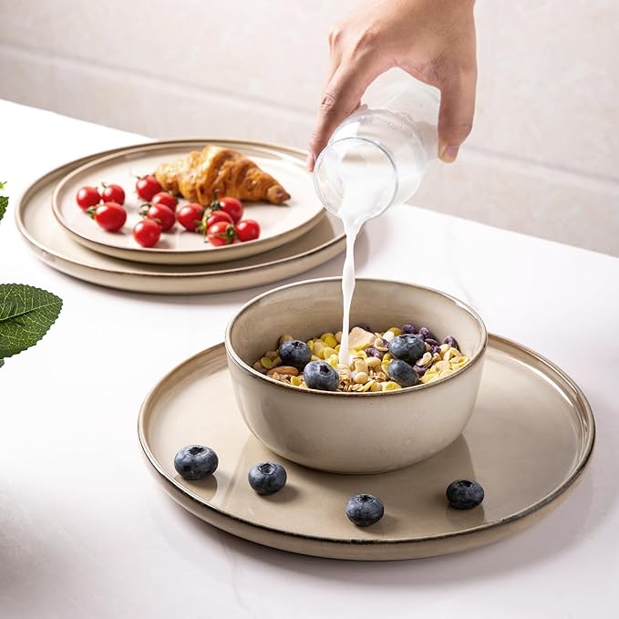 GBHOME Dinnerware Sets for 8, 24 Pieces Ceramic Plates and Bowls Set | Scratch Resistant Stoneware Dishes Set, Dishwasher & Microwave Safe, Reactive Glaze-Cappuccino