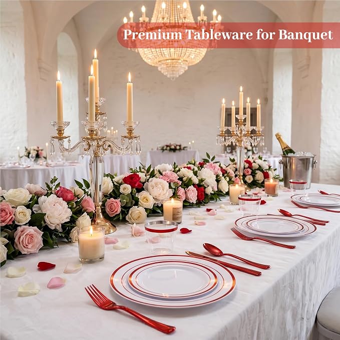 DaYammi 350PCS White and Red Plastic Dinnerware Set for 50 Guests, Fancy Disposable Plates for Party, Include: 50 Dinner Plates, 50 Dessert Plates, 50 Pre Rolled Napkins with Red Silverware, 50 Cups