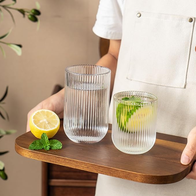 Ribbed Drinking Glasses 4pcs, Rocks Drinking Glasses 12oz and 10oz, Tumbler Glasses Cup Set for Wedding, Party, Christmas Gift, Clear