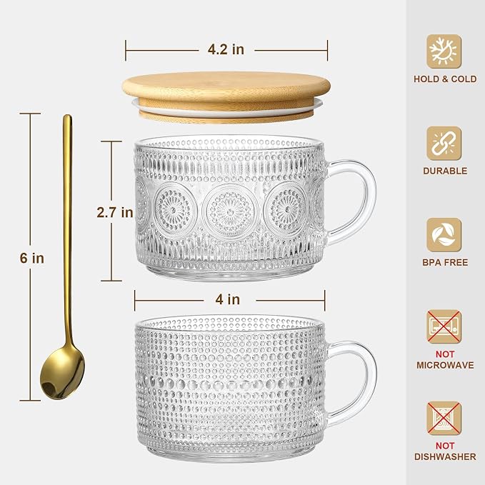 Vintage Coffee Mugs, Overnight Oats Containers with Bamboo Lids and Spoons - 14oz Clear Embossed Glass Cups, Cute Coffee Bar Accessories, Iced Coffee Glasses, Ideal for Cappuccino, Latte, 2 Pack