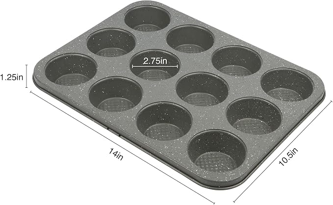 David Burke 12-Cup Muffin Pan, Carbon Steel, PFTE & PFOA Free, Oven Safe, Diamond Textured Surface – Gray Speckle