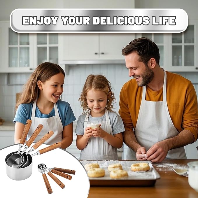 Premium Wood Handle Stainless Steel Measuring Cups and Spoons 8PCS | Food-grade, Rust-proof,Engraved Marks Never Fade,For Dry & Liquid Ingredients,Nesting Saves Space,Ideal Gift for Bakers