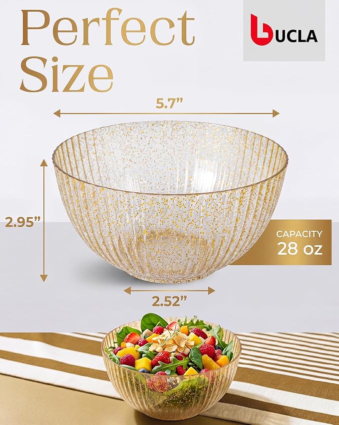 bUCLA 12 PCS Plastic Cereal Bowls Set - 28 Oz Gold Glitter Disposable Vertical Stripes Serving Bowls for Snack, Salad, Dessert & Fruit