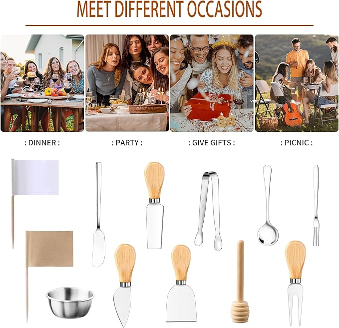 48 Pcs Charcuterie Boards Accessories Butter Spreader Knives Set Stainless Steel Cheese Mini Serving Tongs Spoons Forks Dipping Bowl Toothpick Flags Utensil for Pastry Making Wedding Christmas(Sliver)