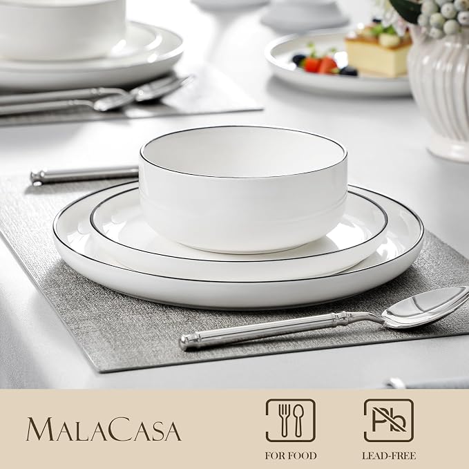 MALACASA 18 Pcs Porcelain Plates and Bowls Sets,Dinnerware Set for 6,White | Modern Ceramic Dishware Set,Kitchen Dining Ware,Microwave and Dishwasher Safe,Simple White with Black Trim Design,Series LUNA