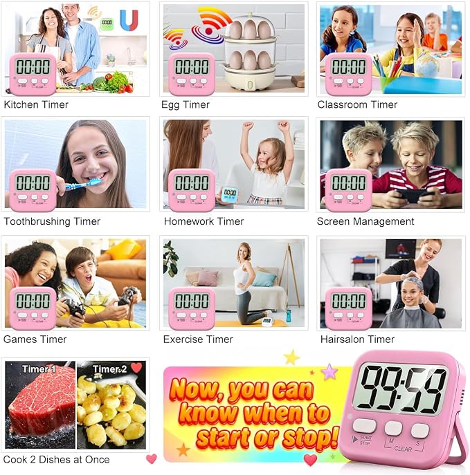 2 Pack Digital Timer for Kids Classroom Kitchen Timers for Cooking | w/ Battery, Easy to View, Alarm, Mute Mode, Count Down/Up, Magnetic, Kickstand, Hanging, Classroom Timer for Teacher Supplies
